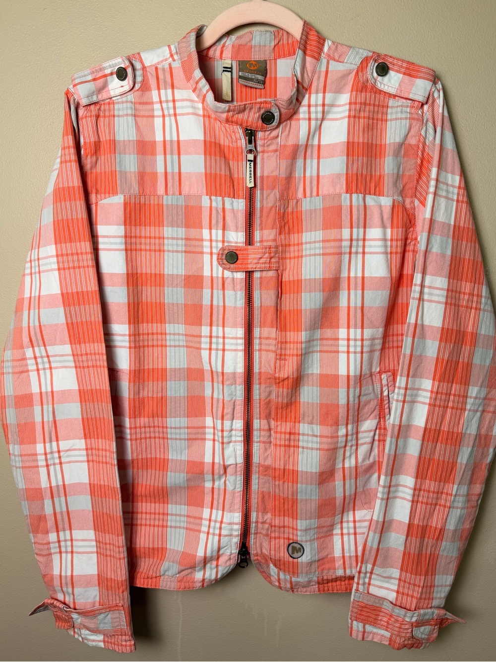 Merrell Plaid Jacket XL EUC Orange White Gray Outdoor Cotton Double Zip